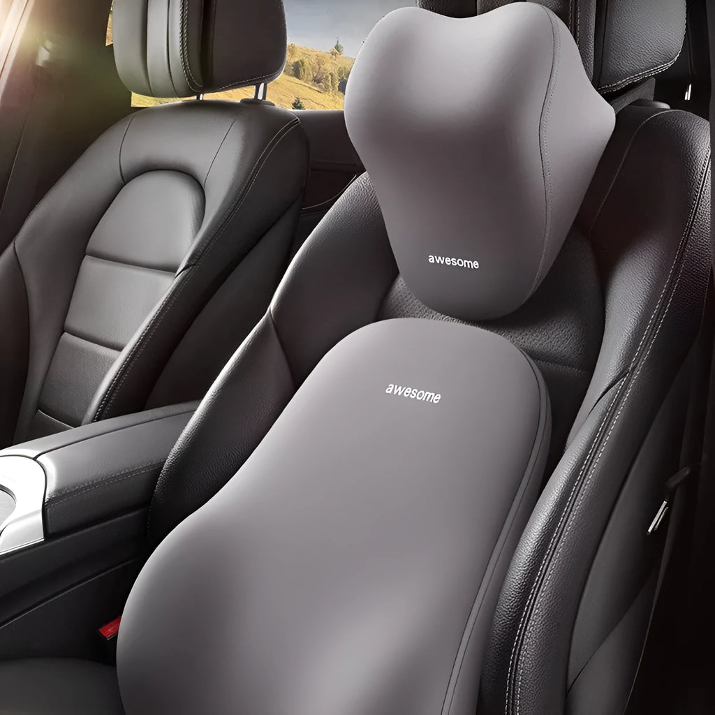 Automotive headrest and lumbar support pillow set in beige, black, and grey colour options.