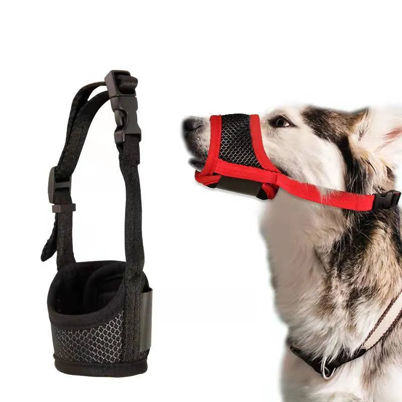 Breathable mesh dog muzzle with nylon straps, plastic fittings, and metal, shown in black, red, green, or pink, sizes XS to XXL