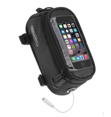 Waterproof PVC bicycle frame phone bag in black, mounted on bike with iPhone inside