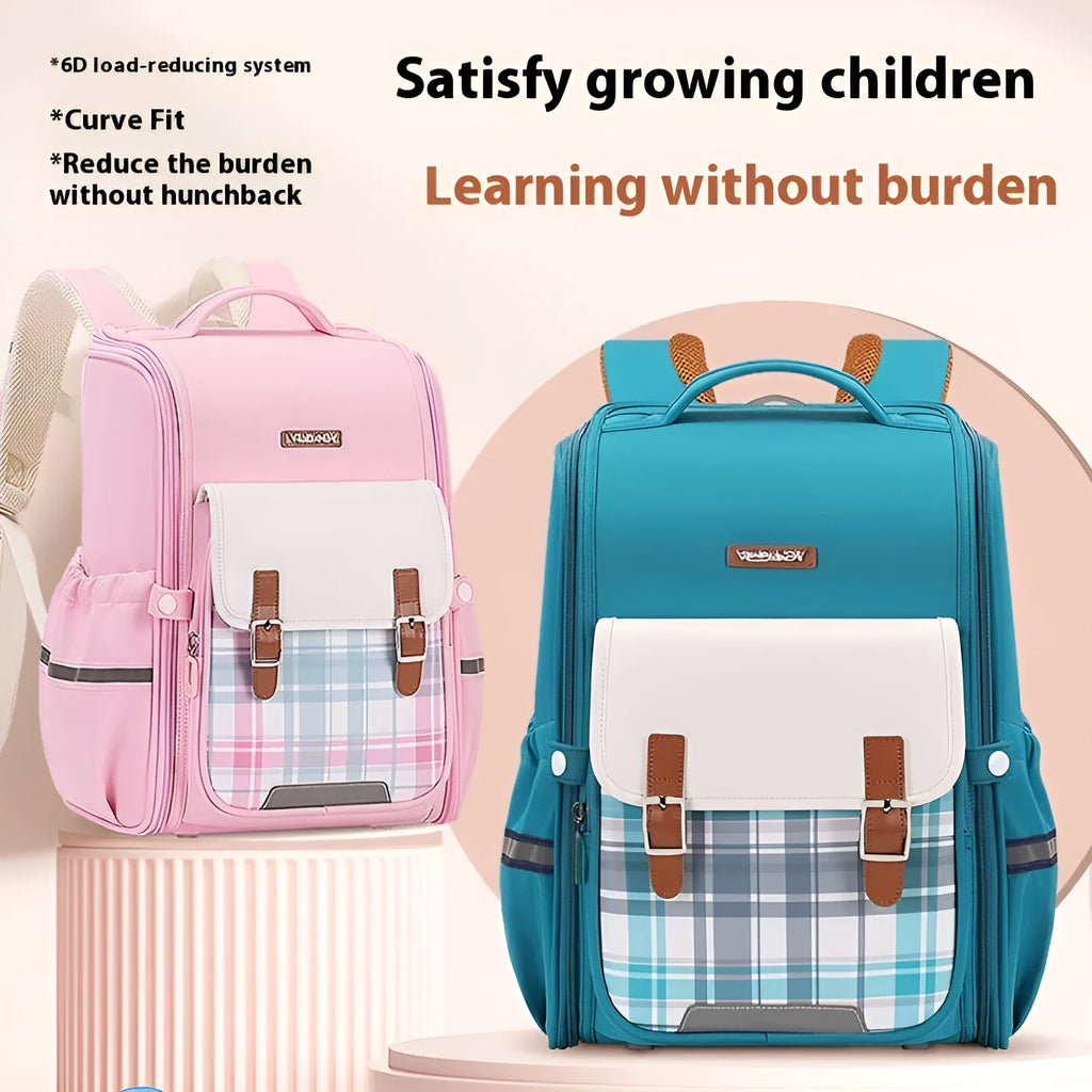 Lightweight Oxford cloth student schoolbag in modern style for Grade 5-6, shown in beige colour.