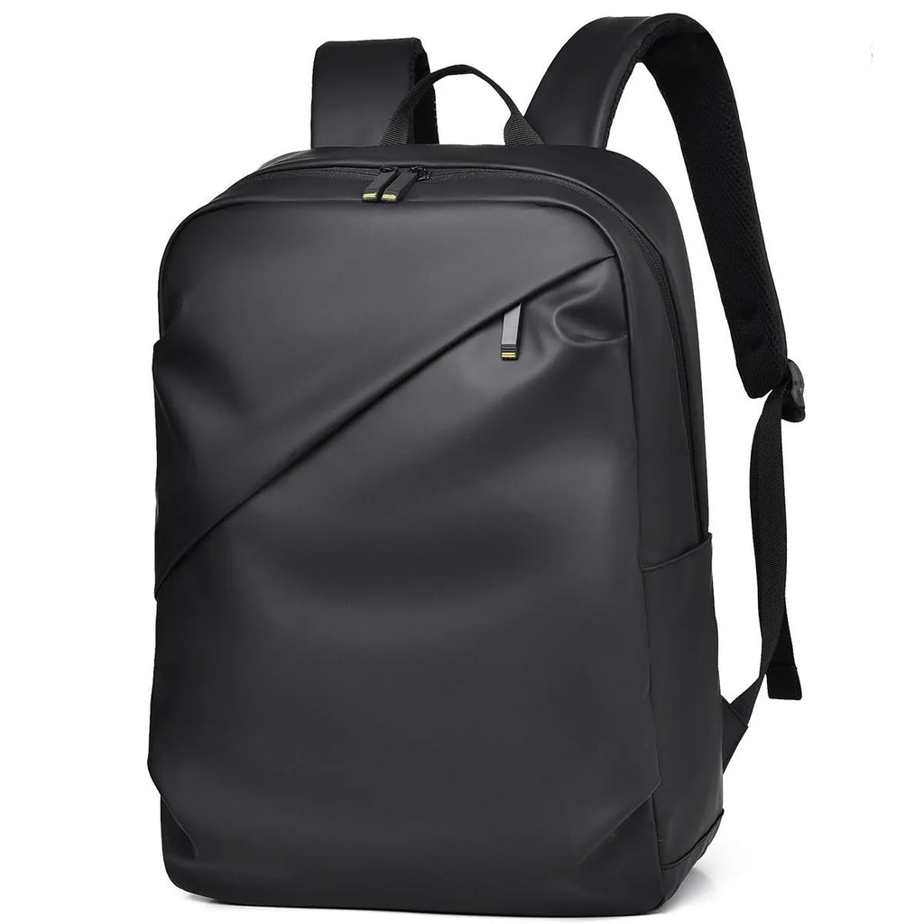 Men's large waterproof black PU leather backpack with laptop compartment on a grey background.