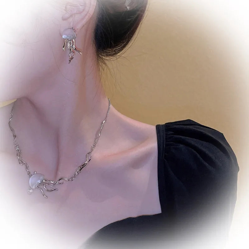 Frosted deep-sea jellyfish necklace and earrings with 30mm to 35mm pendant and under 10cm extension chain