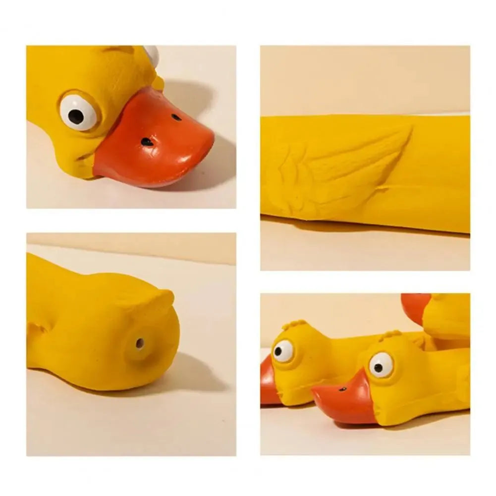 Yellow duck latex dog toy, 26cm long, with built-in squeak sounder for chewing and play
