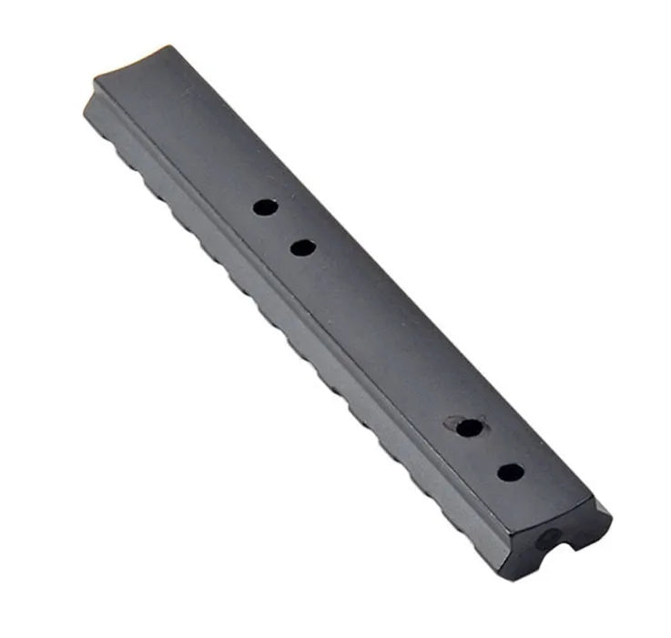 Black aluminium shotgun scope mount with 13-slot Weaver/Picatinny rail measuring 140mm length