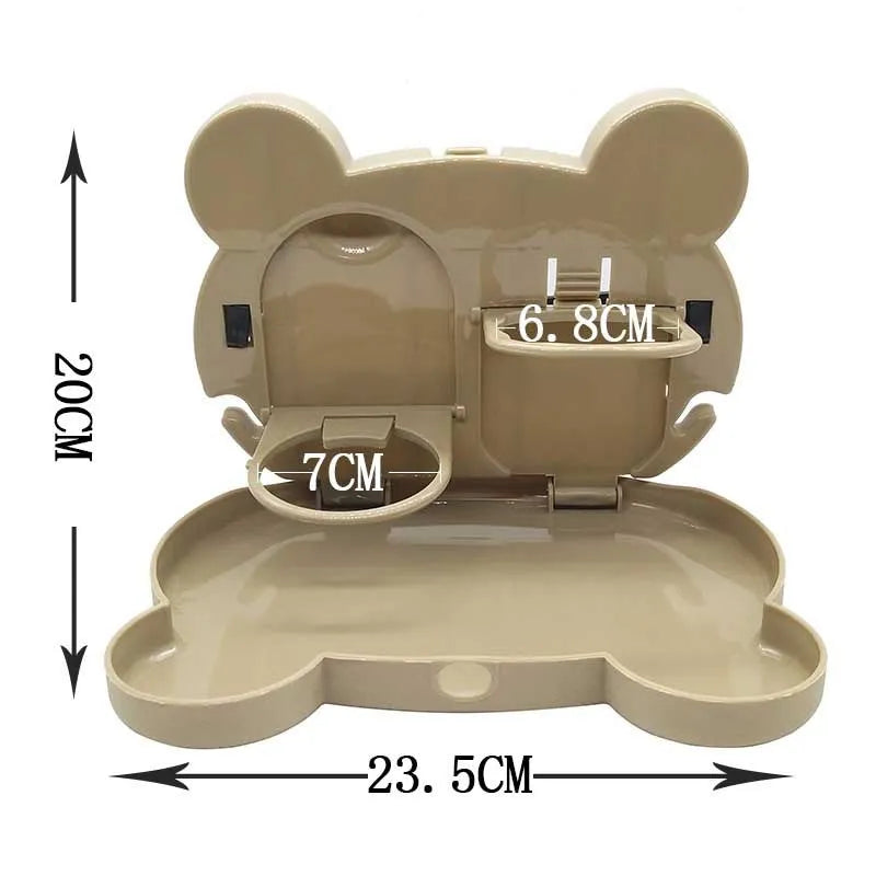 Children's car seat table tray in black, 20x23.5cm, with one-button switch and side hooks for rubbish