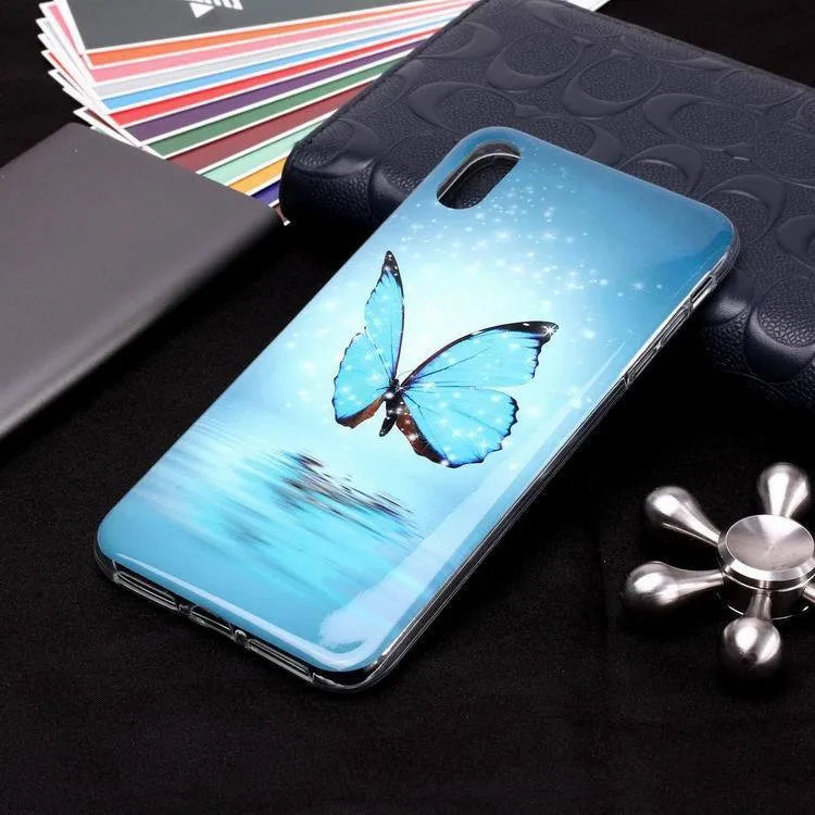 Luminous phone case with cartoon butterfly design for iPhone on transparent TPU background