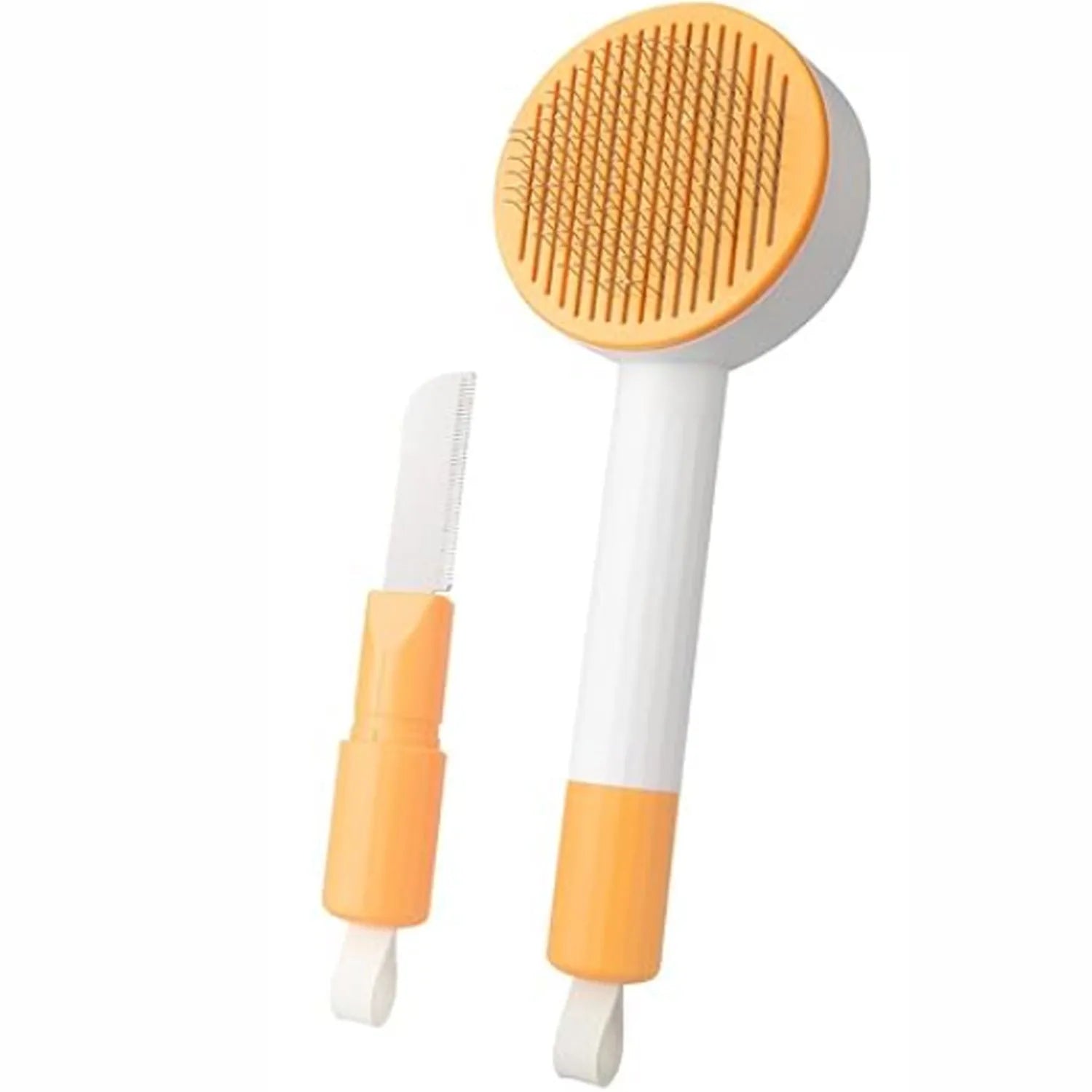 Green and yellow pet deshedding brush with stainless steel teeth and hanging loop