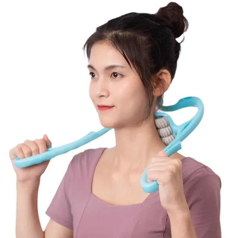 Blue plastic handheld massager with six white rotating wheels for neck and shoulders.
