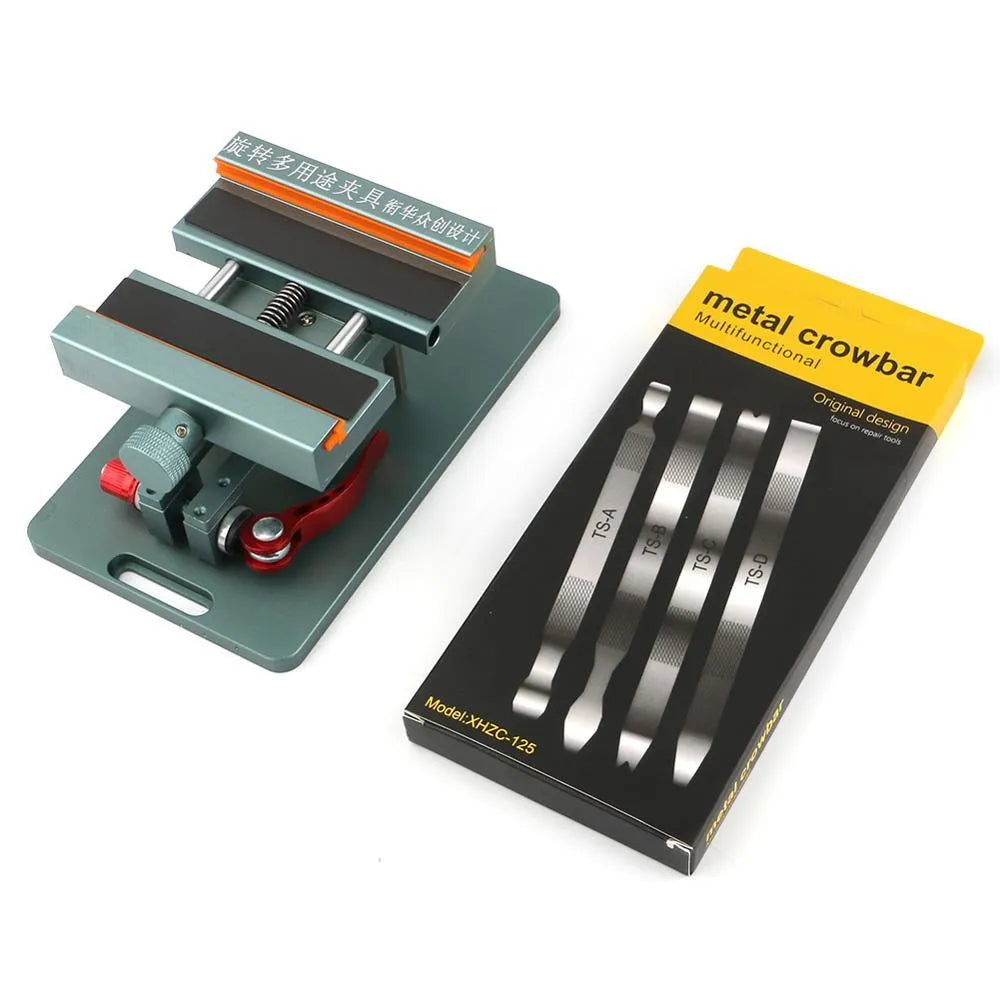 Mobile phone repair fixture with adjustable arms and silicone grip pads for device protection