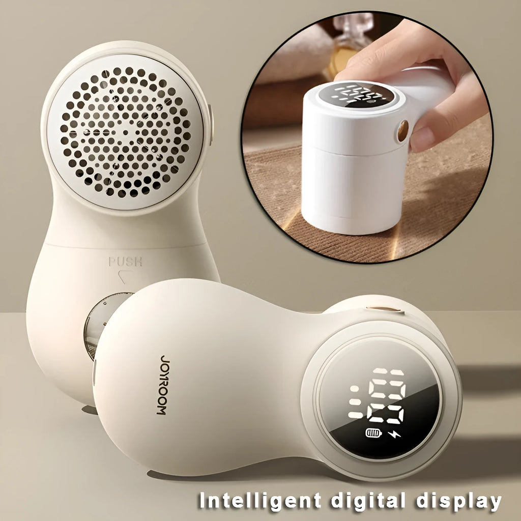 White USB rechargeable electric lint remover and fabric shaver with LED display on a grey background.