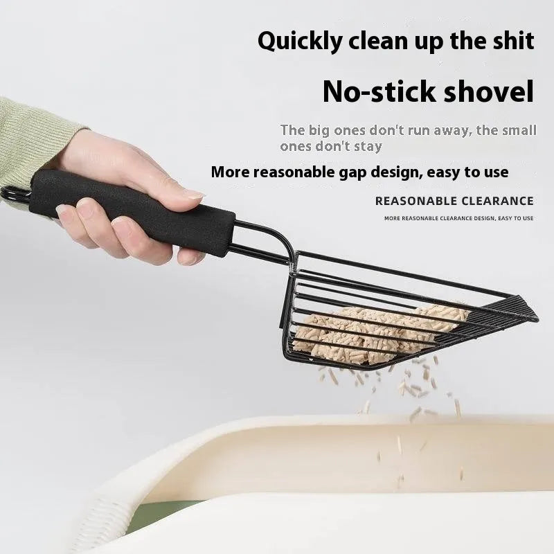 Black metal cat litter scoop with narrow tines for cleaning litter trays.