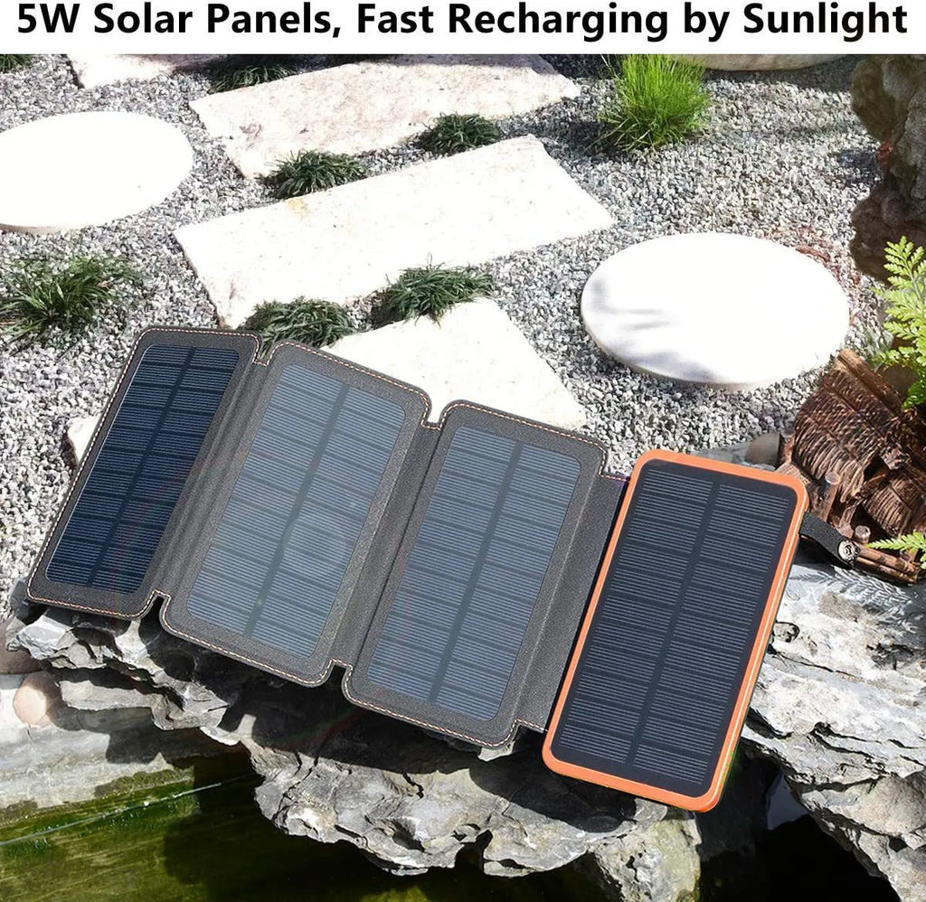 Outdoor solar power bank in multiple colours showing solar panel, USB ports, and LED light.