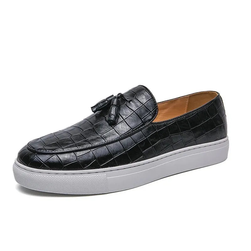 Plus size men's artificial PU leather sneakers with round toe and rubber sole in black, brown, or white