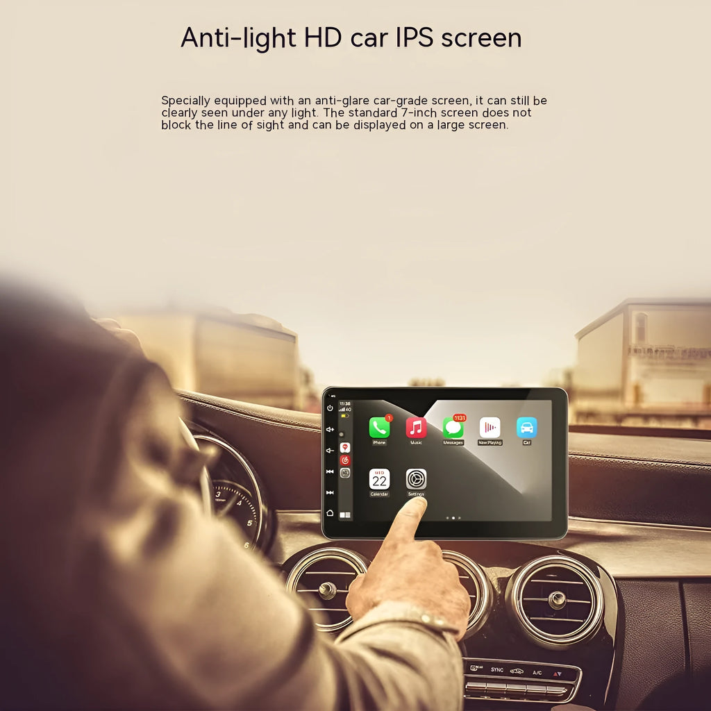 7-inch wireless Carplay GPS navigator on a car dashboard with universal mounting brackets.