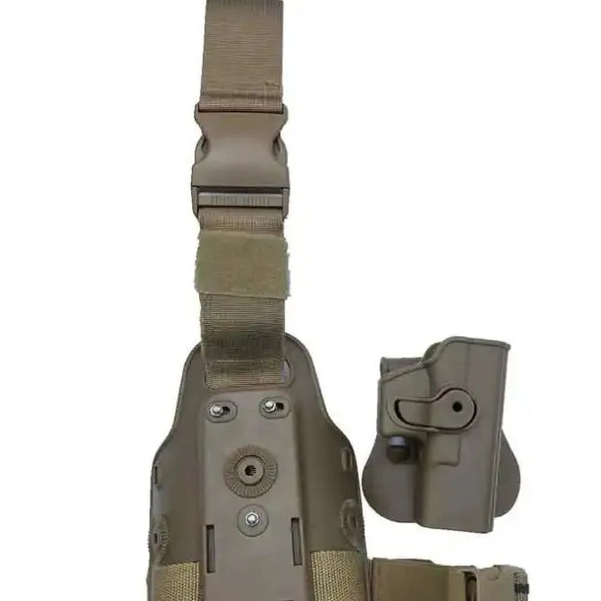 Green tactical plastic leg holster with quick-pull design shown on a model, suitable for outdoor sports.