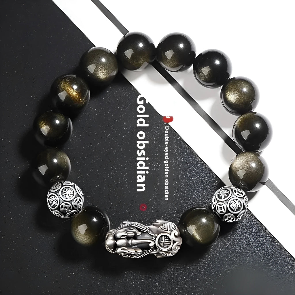 Men's geometric bracelet with sterling silver and natural black obsidian beads in three width sizes