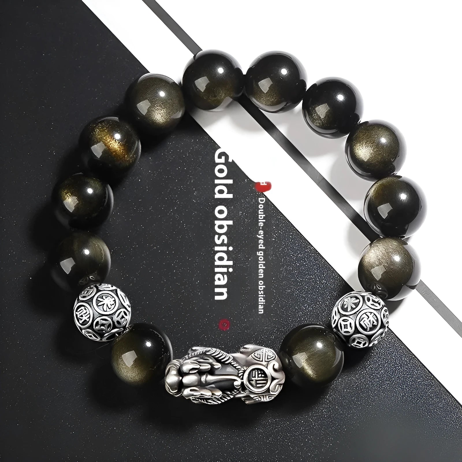 Men's geometric bracelet with sterling silver and natural black obsidian beads in three width sizes