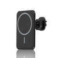 Black car magnetic wireless charger bracket mounted on car vent with phone attached