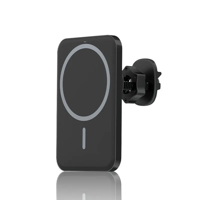 Black car magnetic wireless charger bracket mounted on car vent with phone attached