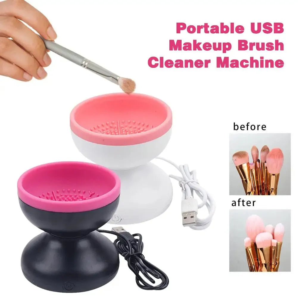 Electric makeup brush cleaner machine in white powder with silicone container and 80r/min motor, 9-8.8cm size