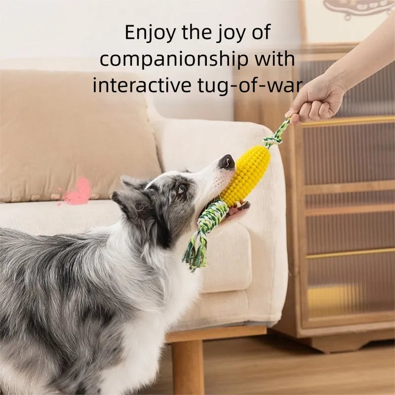 Corn-shaped dog chew toys in yellow and green with rope knots and a yellow ball for small to medium dogs