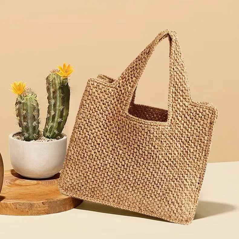 Natural straw woven bucket tote bag with double straps and zipper compartment