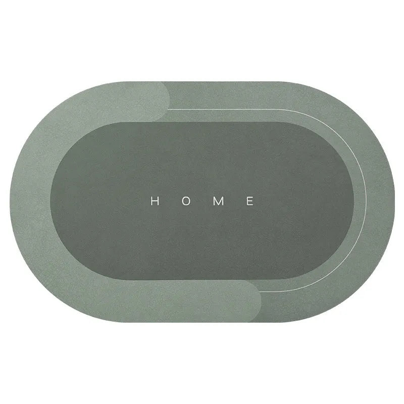 Natural rubber quick-drying bathroom floor mat in blue, available in oval and rectangular shapes.