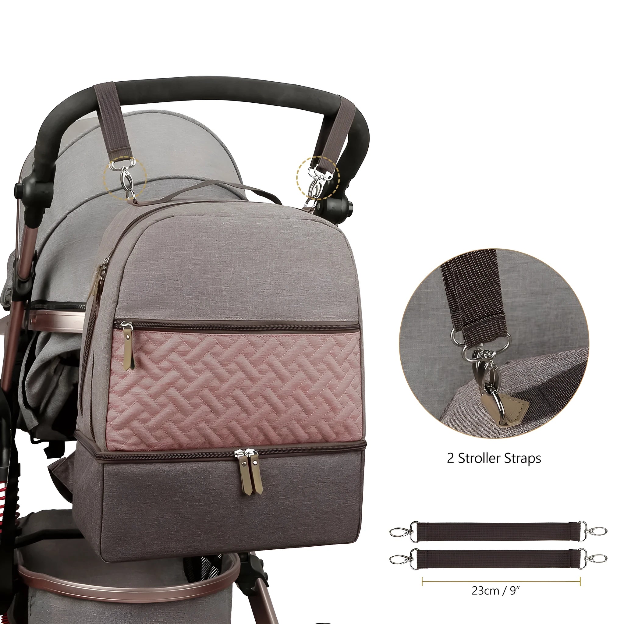 Grey mother and child travel mummy backpack with insulated baby dining compartment and curved shoulder straps