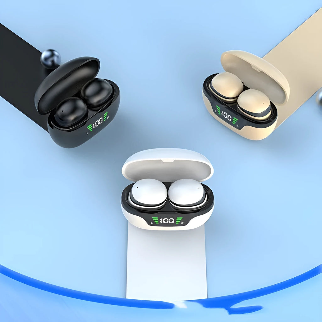 Black wireless Bluetooth Super Mini in-ear earphones with digital display screen and charging cable