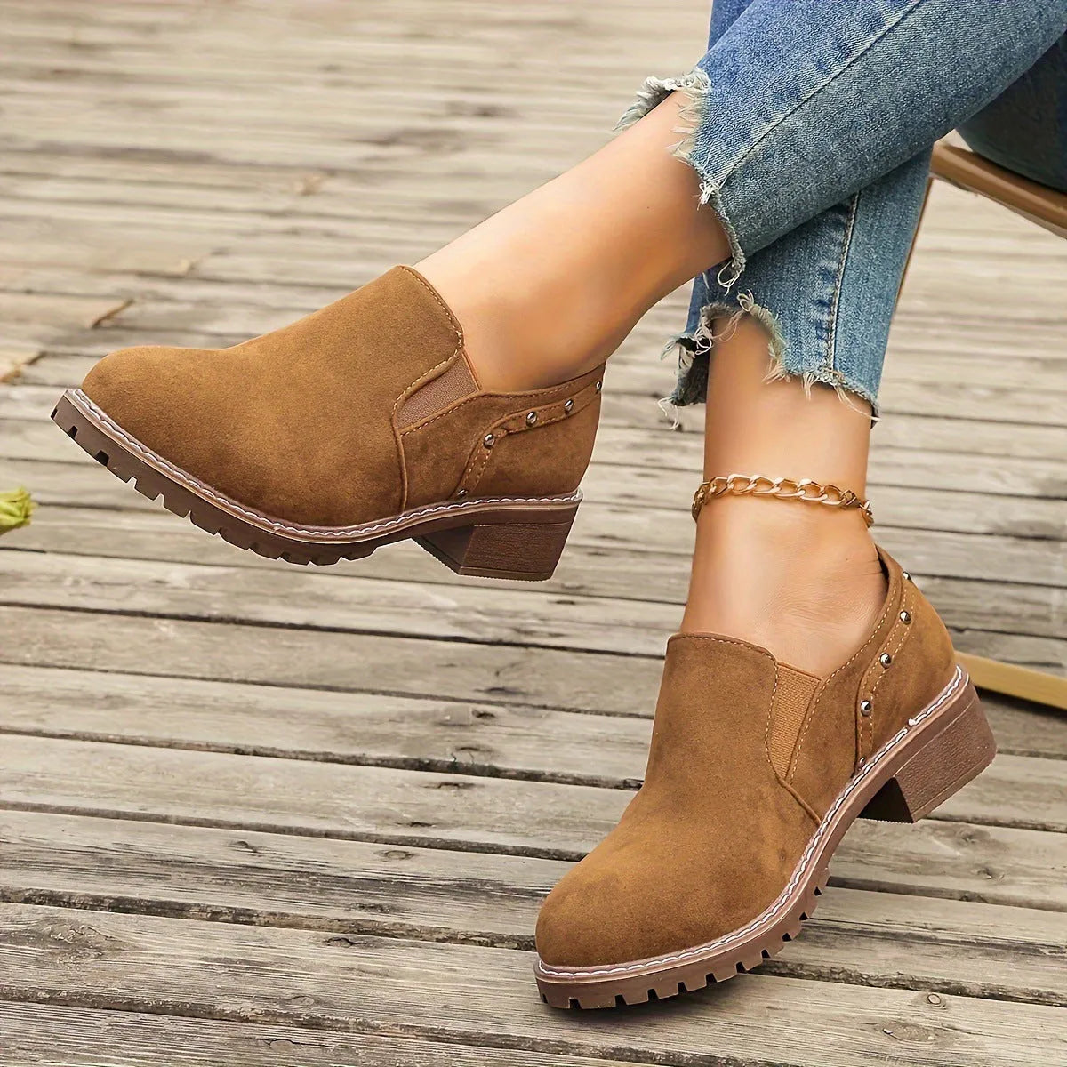 Plus size women's suede ankle boots black low heel round toe elastic band side detail