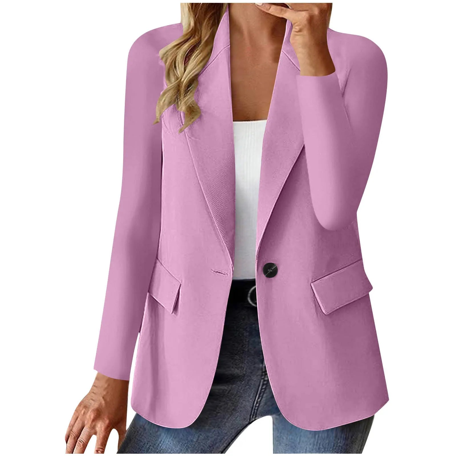 Women's long sleeve solid colour cardigan small suit jacket slim fit with pockets in black polyester fabric.