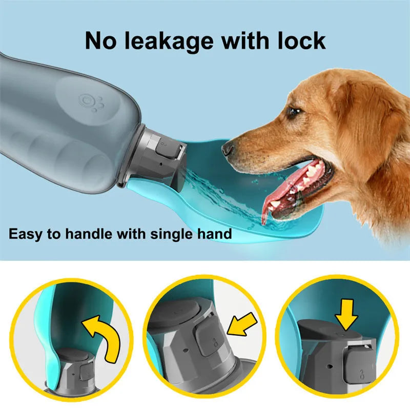 800ml portable dog water bottle with blue foldable drinking bowl and wrist strap