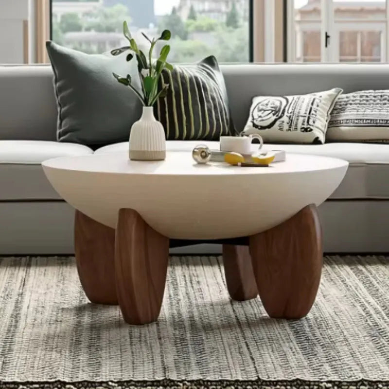 White solid wood coffee table with adjustable legs and storage compartment