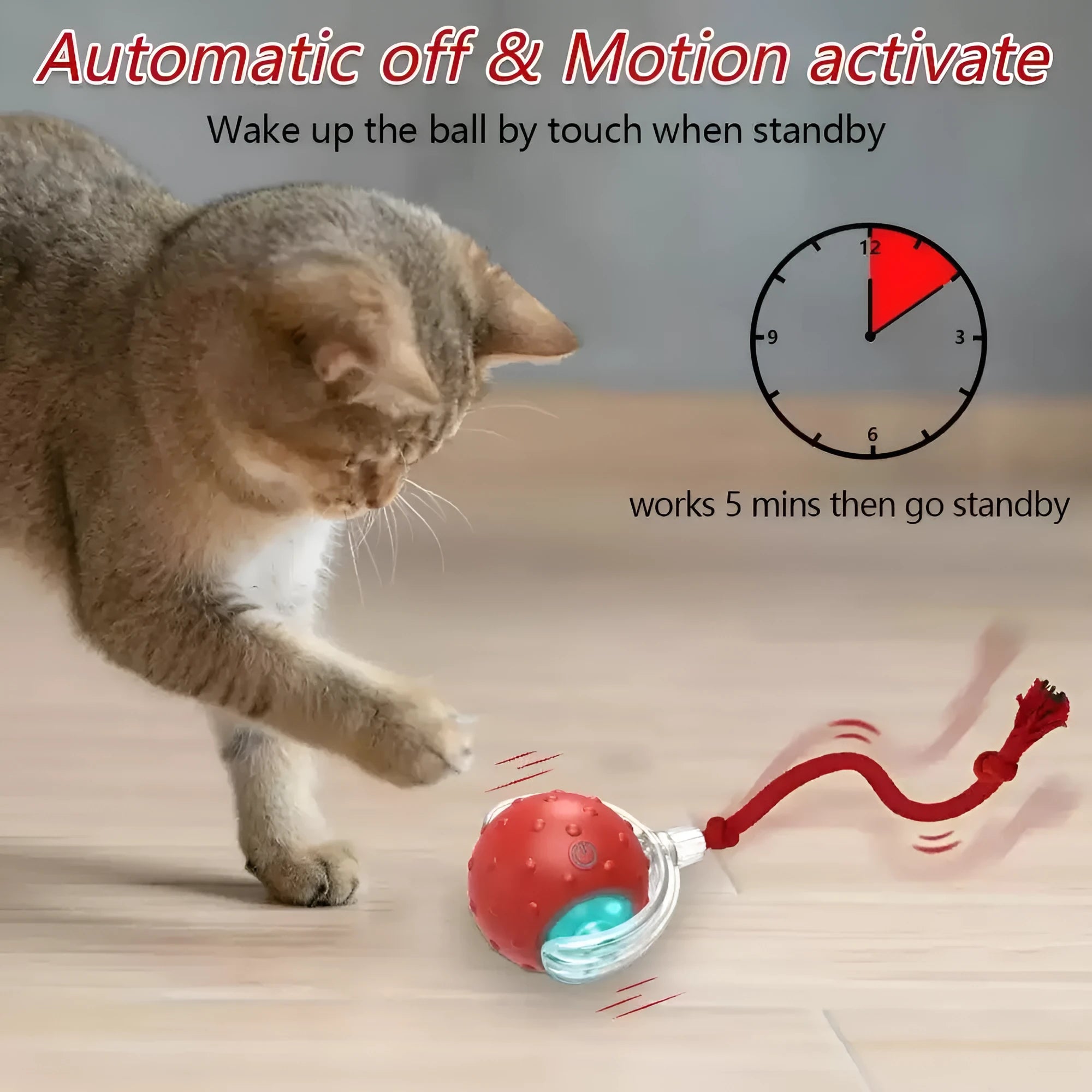 Red interactive cat toy ball with automatic rolling motor for indoor feline entertainment