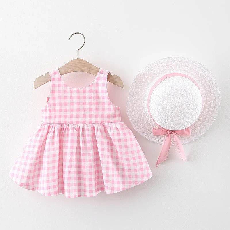 Baby girl plaid skirt in pink with free matching straw hat, 90 percent cotton