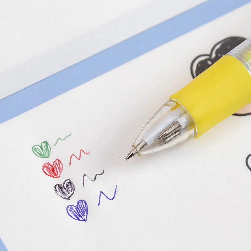 Cartoon press colour ballpoint pen with silicone grip showing four-colour mechanism and 0.7mm bullet tip