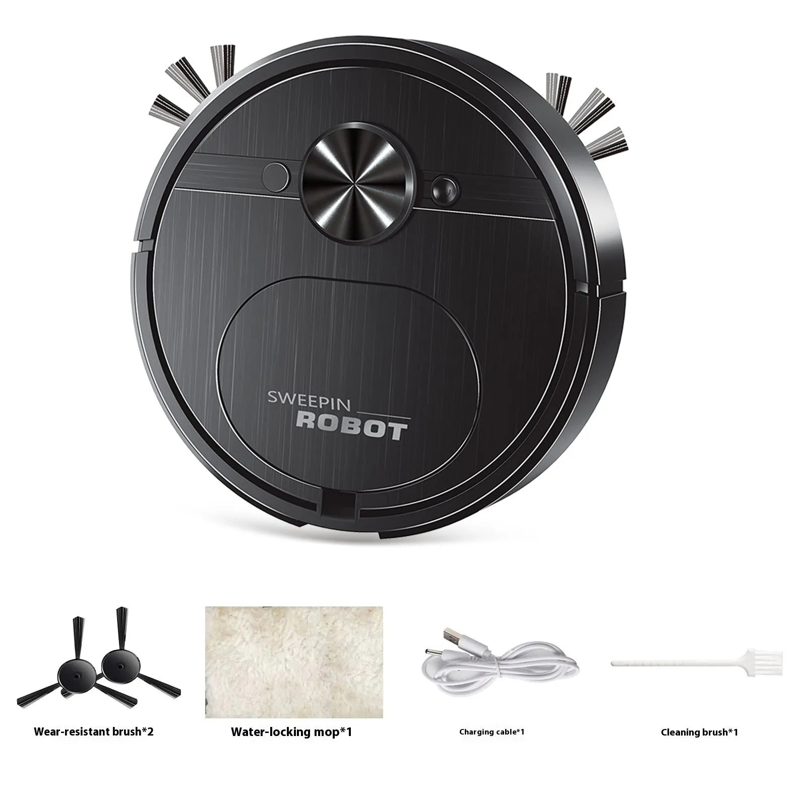 Black and white robotic vacuum cleaner with USB charging port and water tank for mopping
