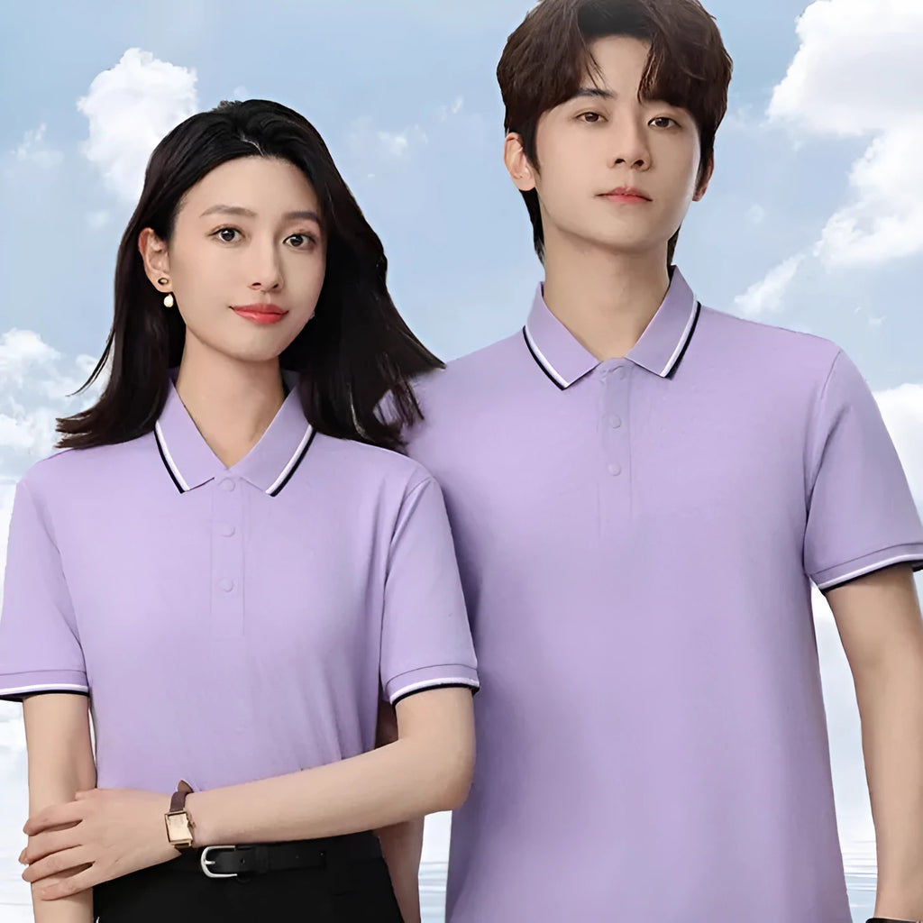 Men's short sleeve lapel T-shirt in long-staple cotton, shown in various colours on a model.
