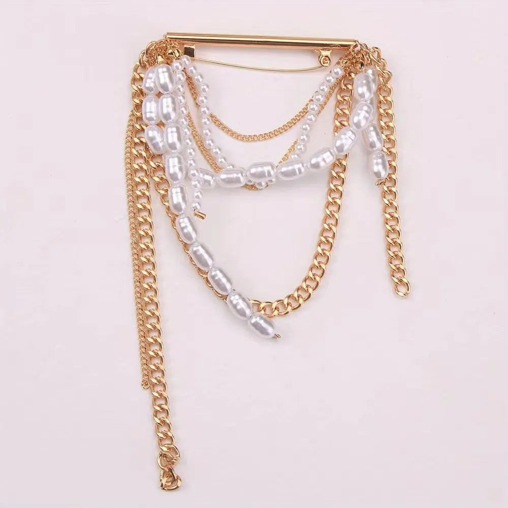Korean style tassel pearl pin brooch electroplated alloy unisex decor gold tassel colour