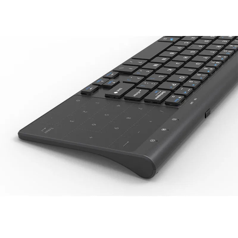 Compact black wireless keyboard with 59 keys, low battery alarm, and ≤10m wireless range