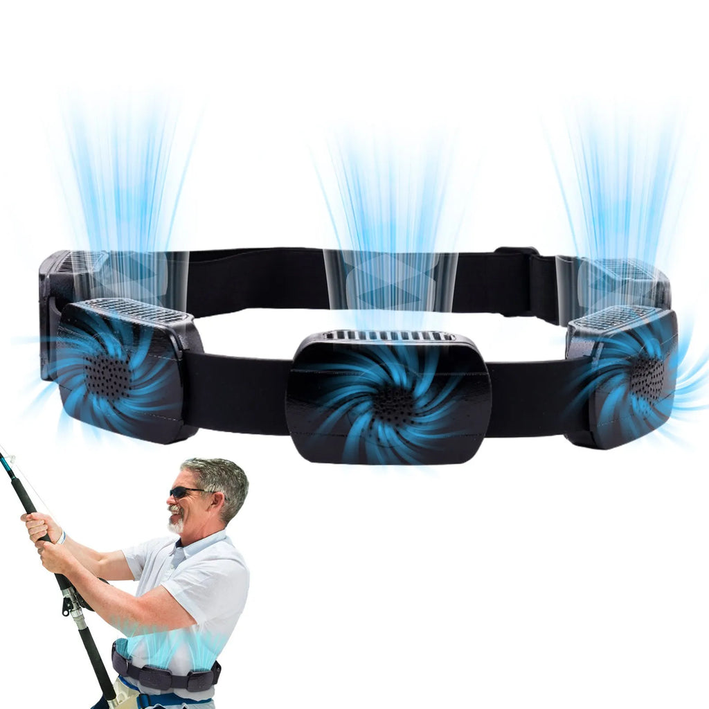 Black outdoor portable USB ring waist fan with five fans on a belt and 1.5m boost cable