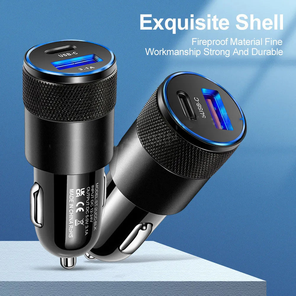 Aluminium alloy car charger in All Black and Black Silver colours with compact 2.5x6cm dimensions