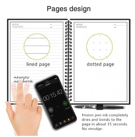 Black rewritable paper notebook open with spiral binding, erasable pen, and B5 size sheets