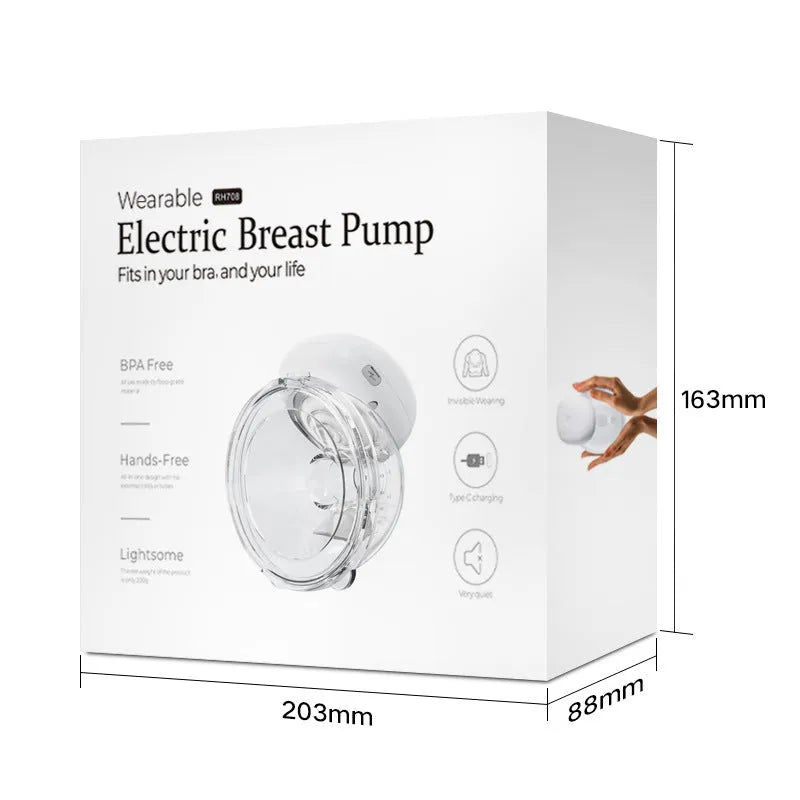 Electric wearable breast pump in polypropylene with USB charging, available in white, pink, and light purple