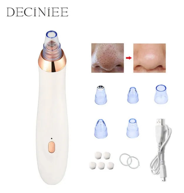 Electric blackhead remover pore cleaner tool with multiple nozzles on a white background.