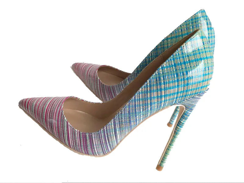 Ladies' pink-to-blue gradient patent leather high-heel shoe with a pointed toe on a rubber sole.