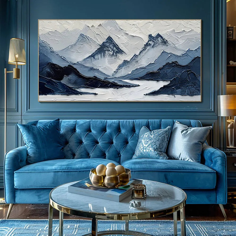 Hand painted modern mountain landscape oil painting in navy blue and white on canvas
