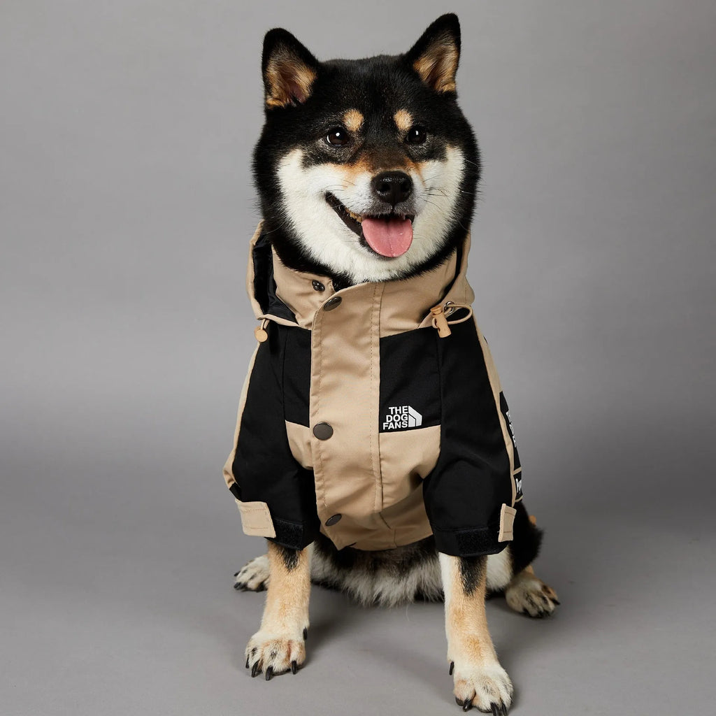 Khaki polyester dog shell jacket shown on a dog, available in sizes S through 5XL