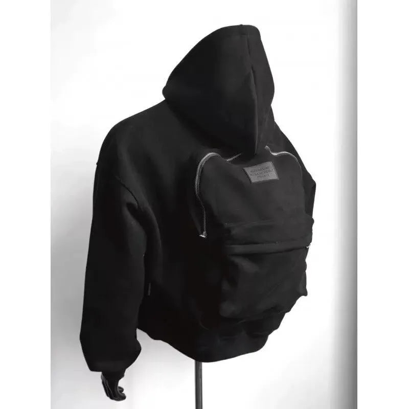 Men's light gray hooded casual coat with a distinctive backpack design on the back.