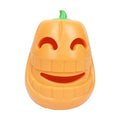 Orange Halloween pumpkin shaped durable thermoplastic rubber dog chew toy with a treat-dispensing funnel.